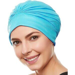 Beemo Swim Caps for Women Swimming Turban Polyester Latex Lined Pleated-Turquise